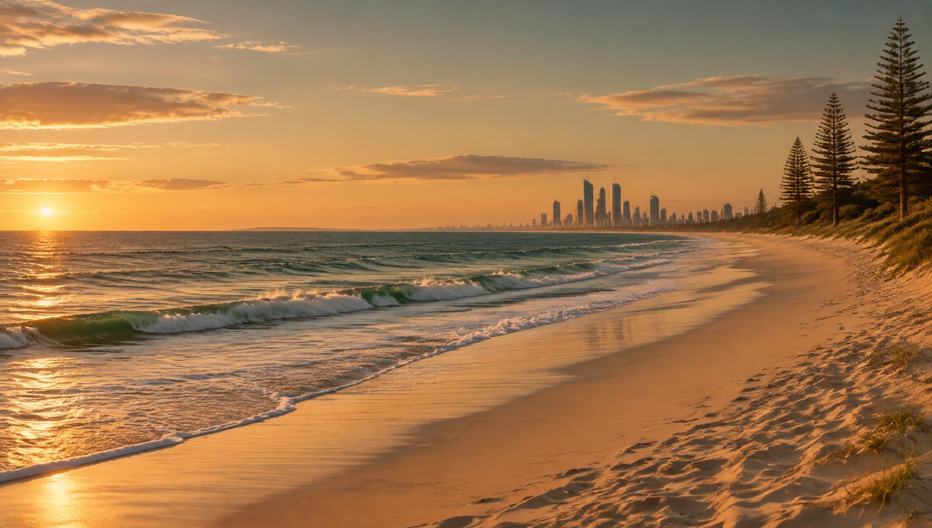 Sunset over the beach with the Gold Coast skyline in the distance
