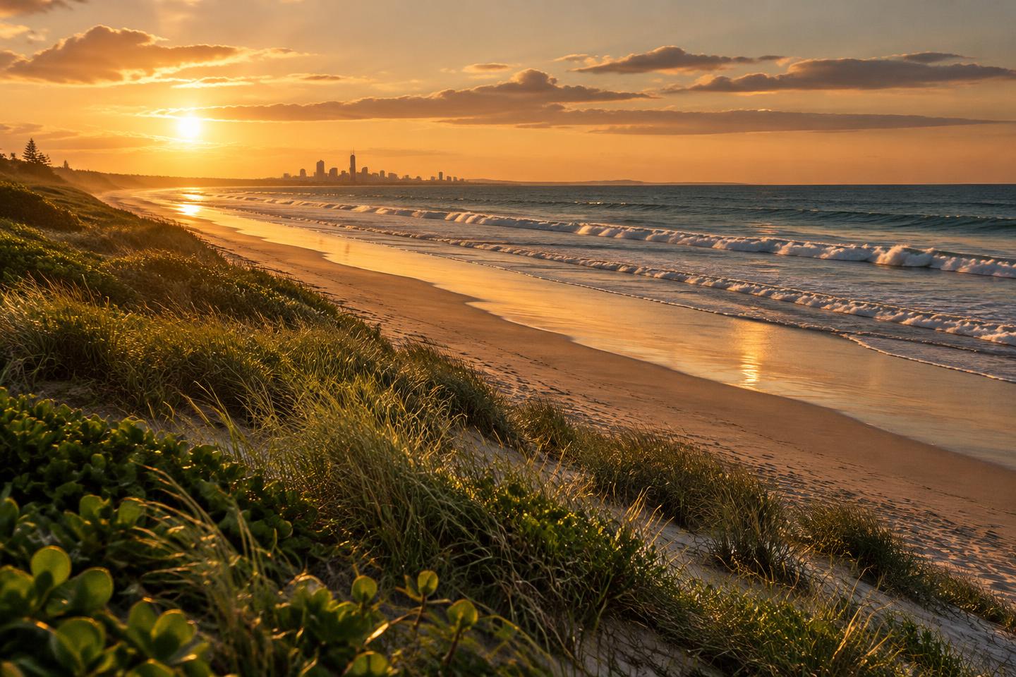 Low sun over dune grasses and the shoreline near Southport